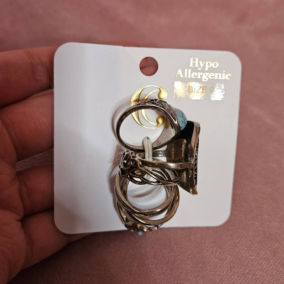 Charming Charlie Silver-Tone Mixed Metal & Faux Turquoise Light Ring Set Size 9 - Picture 8 of 8